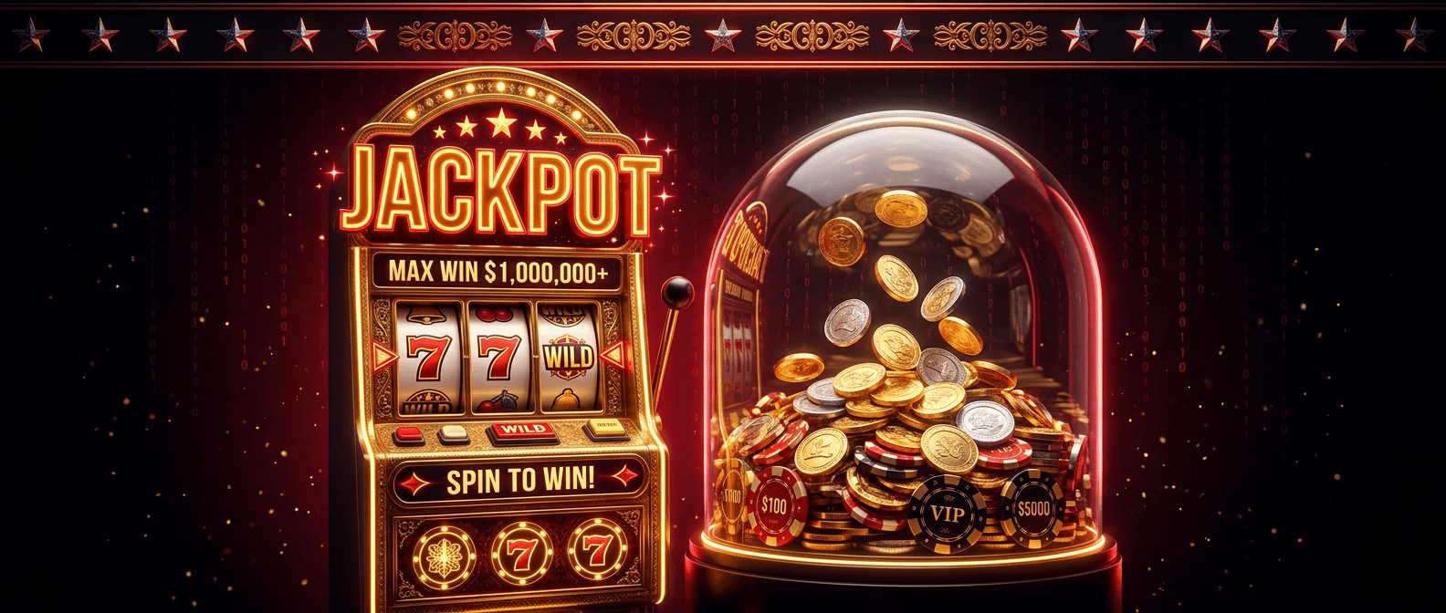 Grand prize and jackpot bonus spin wheel beside the United States eagle seal with neon card suit symbols representing sweepstakes casino bonus promotions